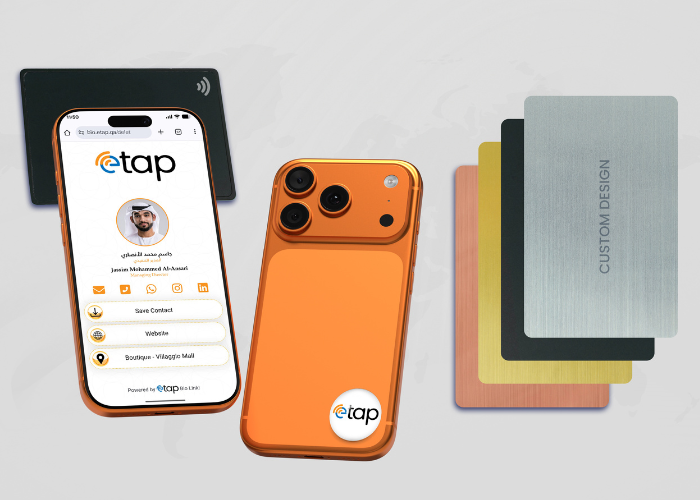 NFC digital business card by etap in Qatar showing tap-to-connect smart networking on a smartphone