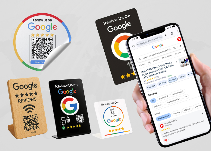 NFC Google Review Card and stand by etap in Qatar showing instant Google review page on smartphone