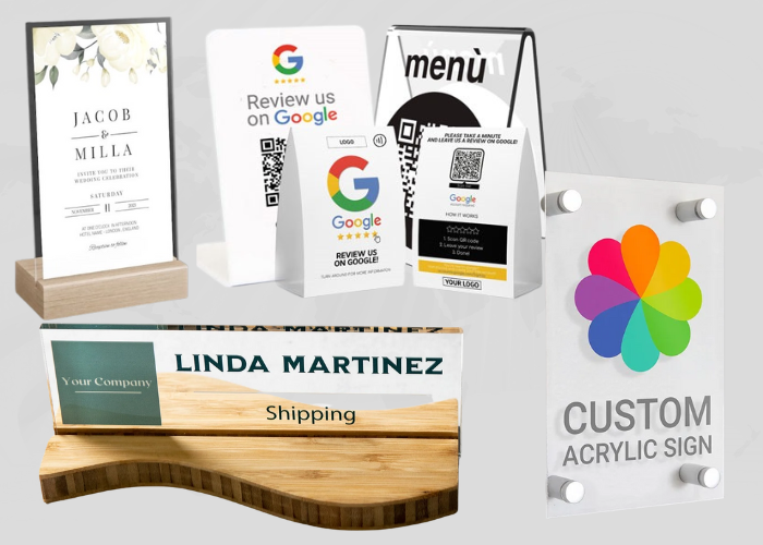 Custom acrylic display stands and printed signage by etap in Qatar for business branding and NFC solutions