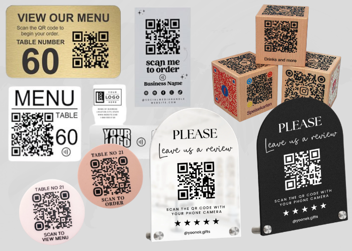 QR code signage and UV printed displays by etap in Qatar for digital menus, reviews, and business branding