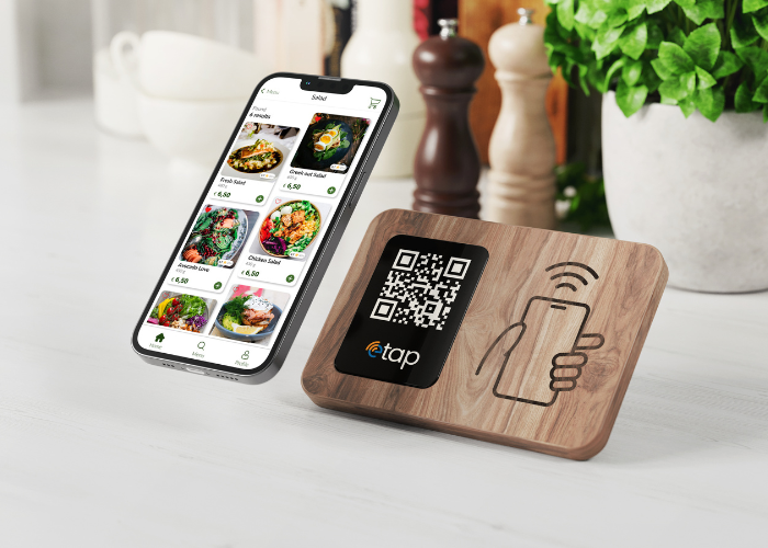 NFC food menu card and stand by etap in Qatar showing digital restaurant menu on smartphone