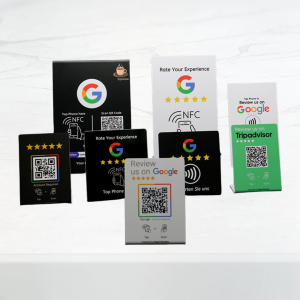 custom branded NFC acrylic Google review stand Qatar with logo and QR code for instant customer feedback and reviews