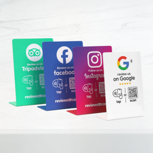 NFC acrylic Google review stand Qatar with QR code for instant customer reviews and smart business feedback solution