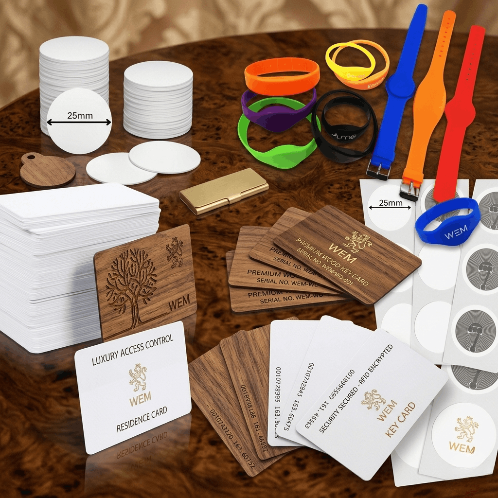 NFC access cards, RFID key cards, wooden luxury cards, silicone wristbands, and NFC tags for smart access control and business solutions in Qatar