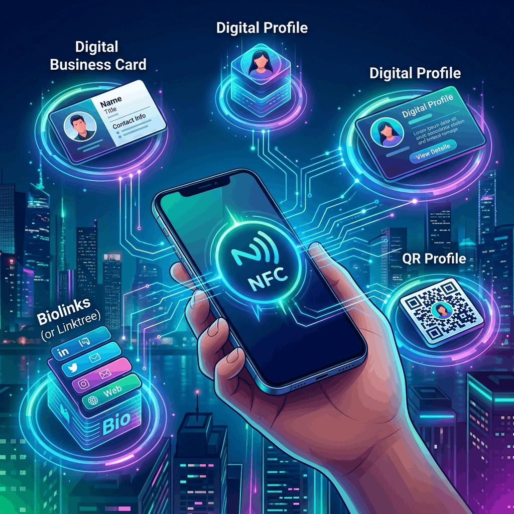 NFC digital business card with smartphone showing contactless sharing, digital profile, QR code, and biolink system for smart networking in Qatar