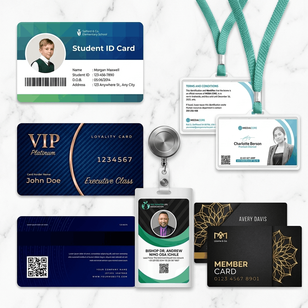 Premium ID cards including membership cards, staff ID cards, student ID cards, and worker ID cards with NFC, RFID, and high-quality printing in Qatar