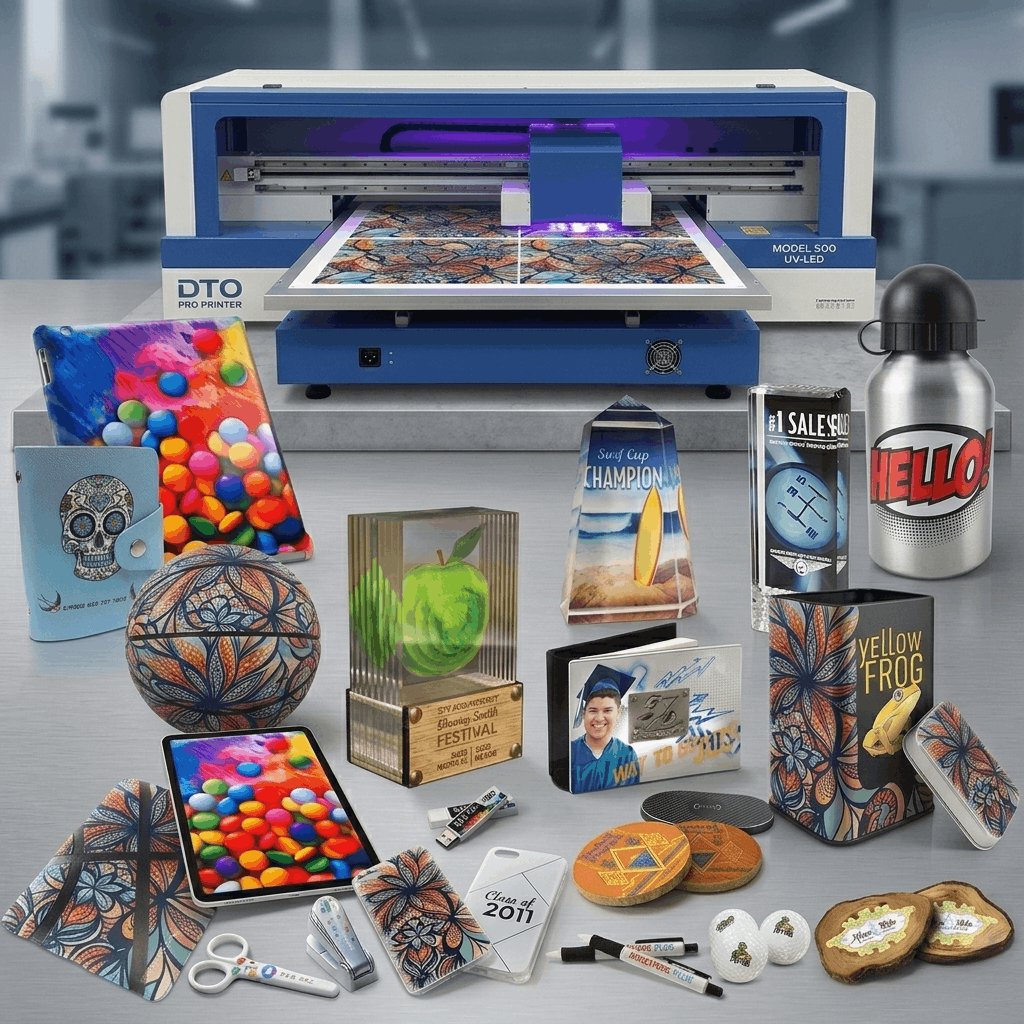 UV printing machine producing premium custom products including acrylic blocks, metal cards, NFC cards, promotional items, and luxury branded merchandise with high-resolution UV LED printing