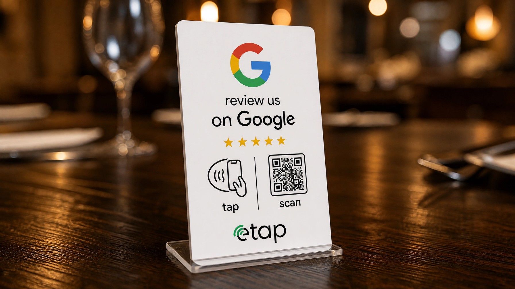 etap custom NFC Google review card and acrylic stand for restaurants in Qatar