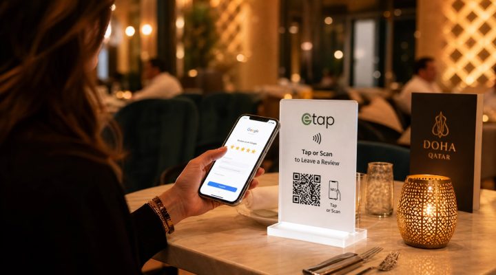 Customer tapping NFC Google review card at a restaurant table in Doha, Qatar